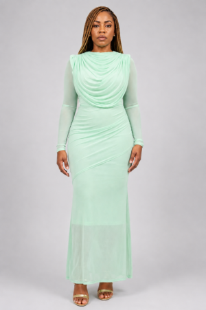 Green Draped Mesh Gown