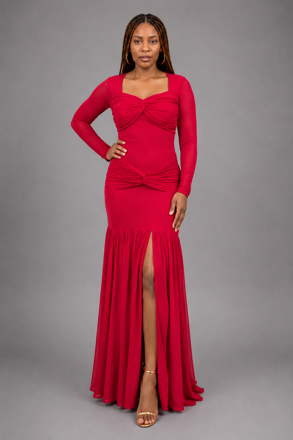 Red Ruched Mesh Dress