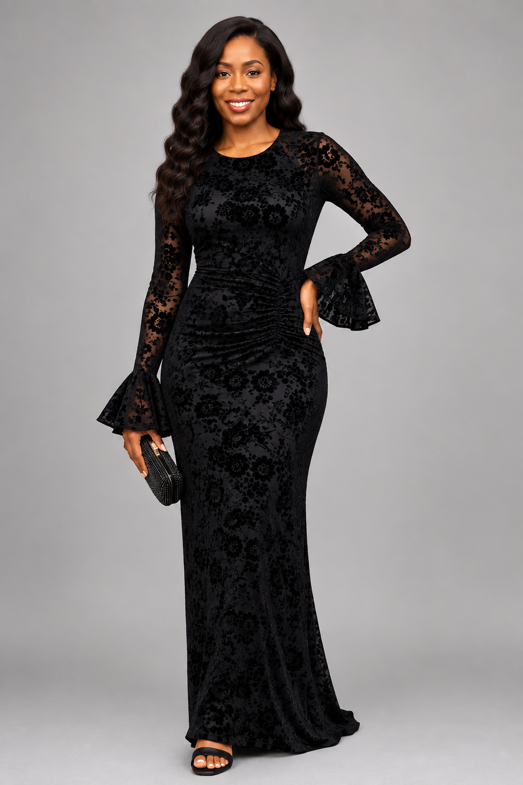 Elegant Black Ruched Mesh Dress