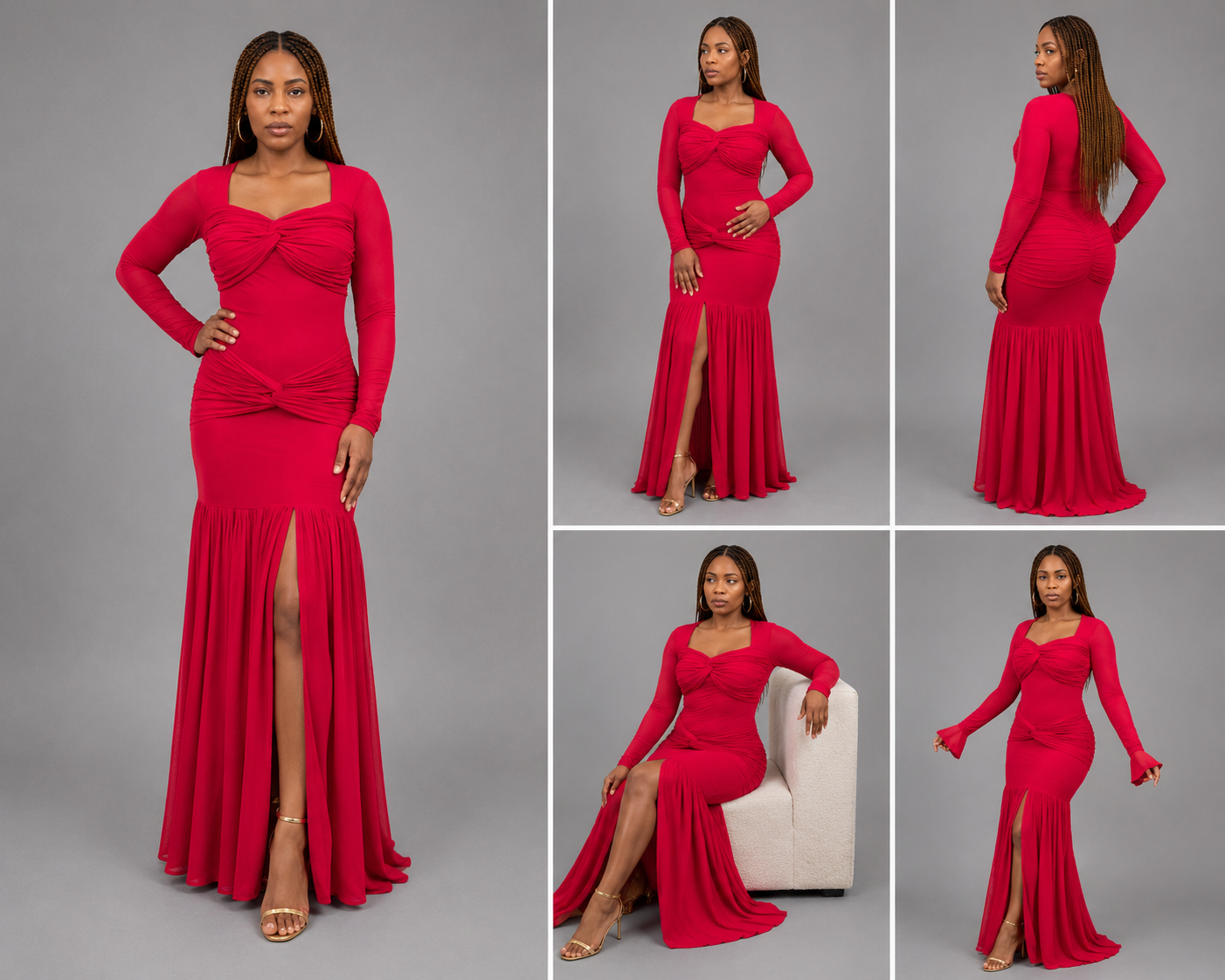 Red Ruched Mesh Dress - Image 2