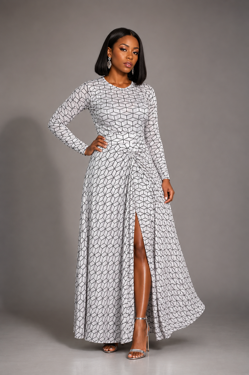 Geometric Cream Mesh 2-Piece Maxi Gown