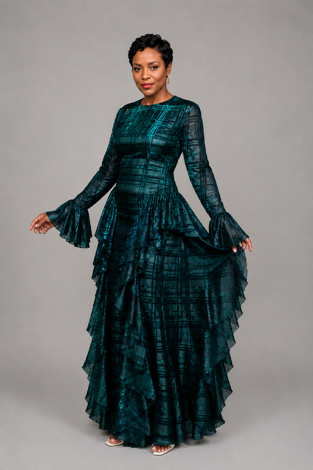 Elegant Teal Green Ruffled Gown