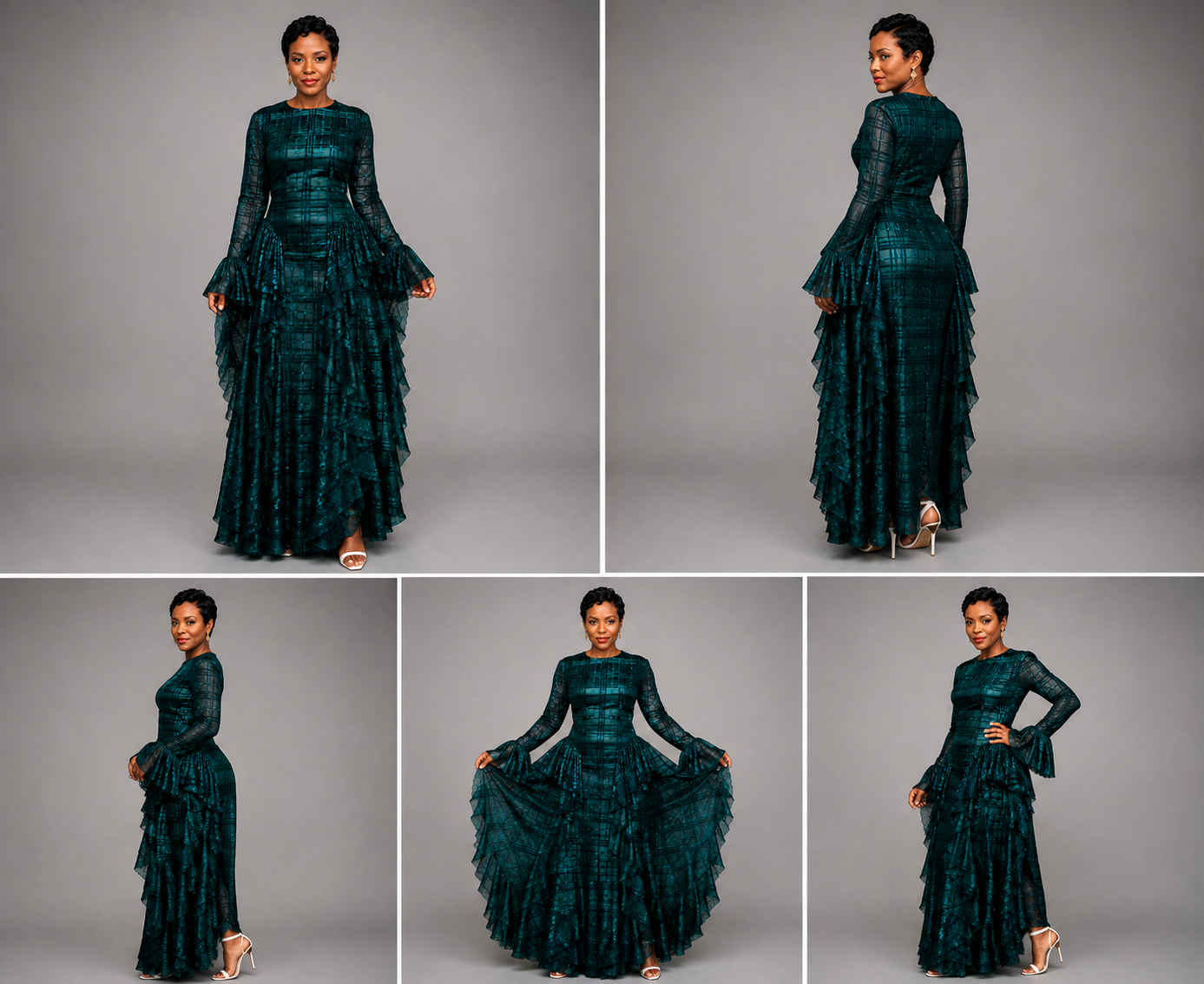 Elegant Teal Green Ruffled Gown - Image 2
