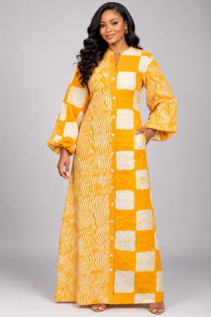Yellow Wave Adire Shirt Dress