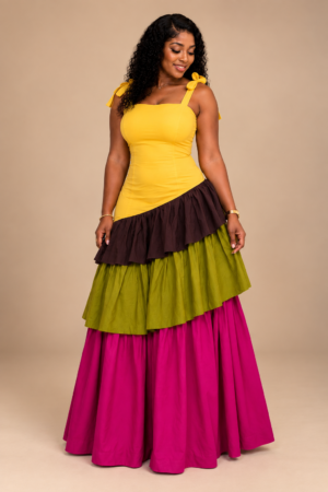 Yellow Spectrum Tiered Maxi Gown
