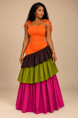 Orange Spectrum Tiered Maxi Gown