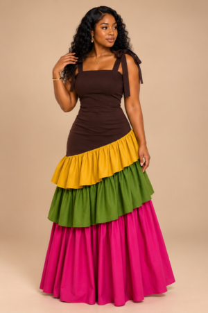 Brown Royal Spectrum Tiered Maxi Gown