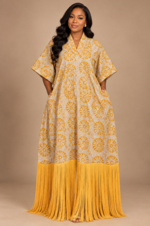 Yellow Adire Fringe Kaftan