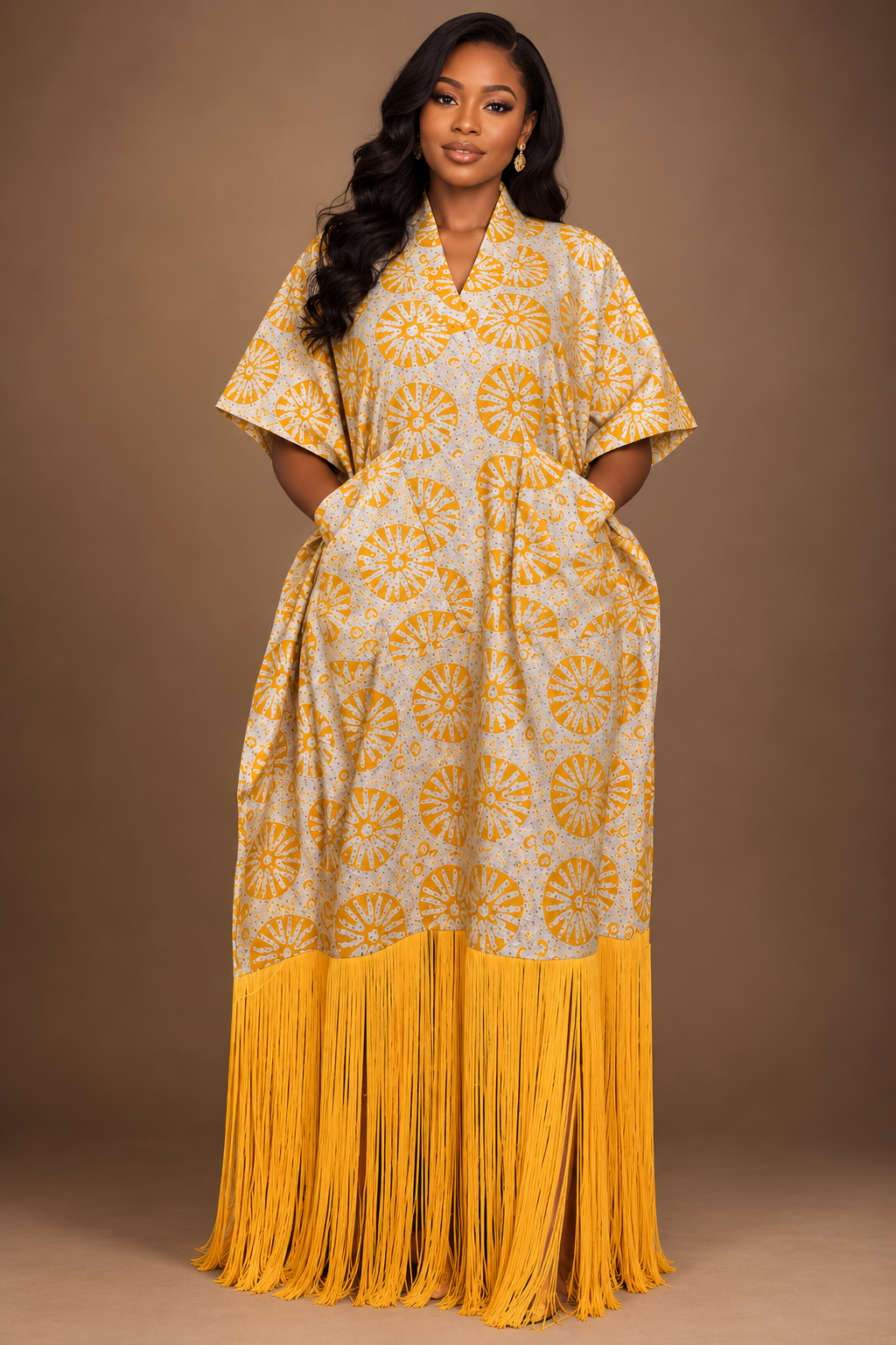 Yellow Adire Fringe Kaftan - Image 2