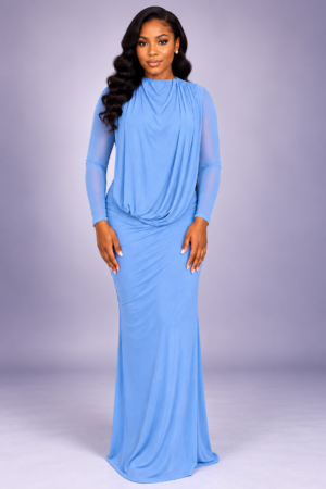 Serenity Blue Draped Mesh Gown
