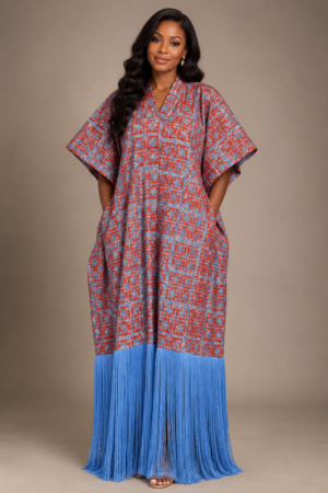 Azure Mosaic Adire Fringe Kaftan