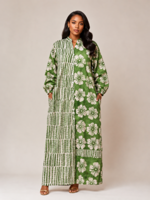 Emerald Bloom Adire Shirt Maxi Dress